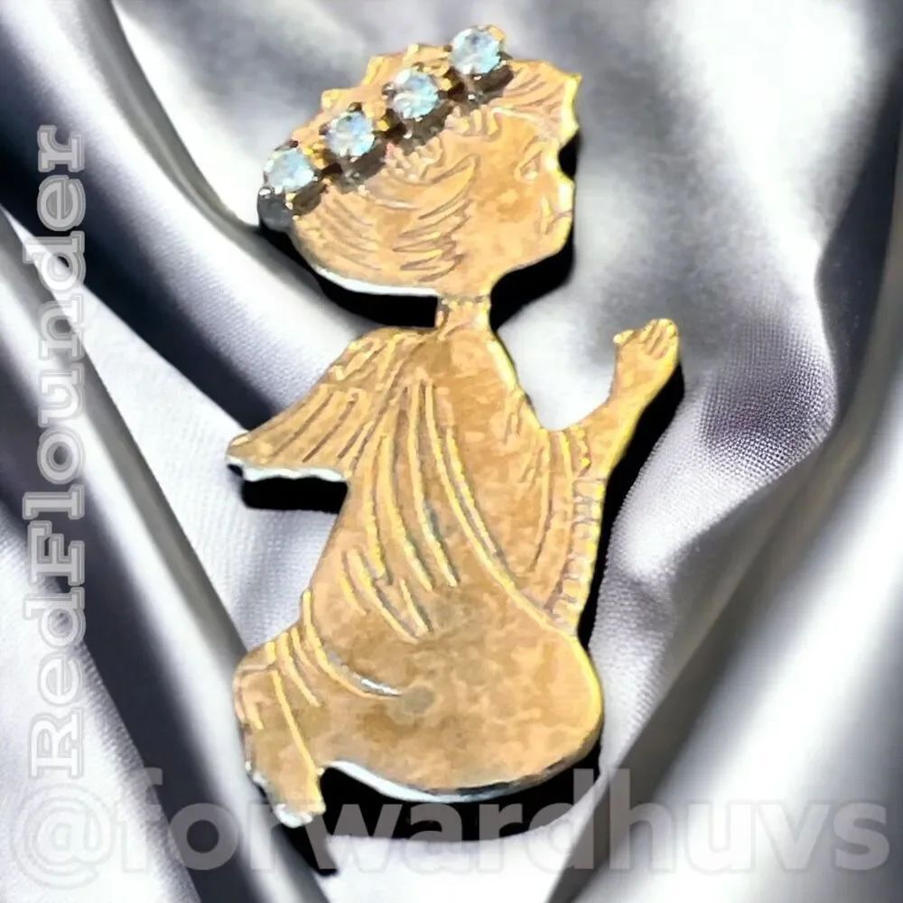 Vintage Gold Tone Angel Praying with Rhinestone Halo Brooch
